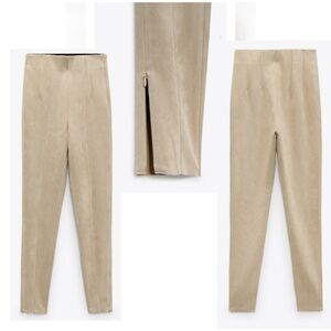 Zara cream beige ecru faux suede legging pants high rise stretchy zipper ankle